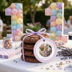 Personalized Purple Polka Dot Photo 1st Birthday  Favour Tags