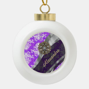 Personalized purple pretty girly damask pattern ceramic ball christmas ornament