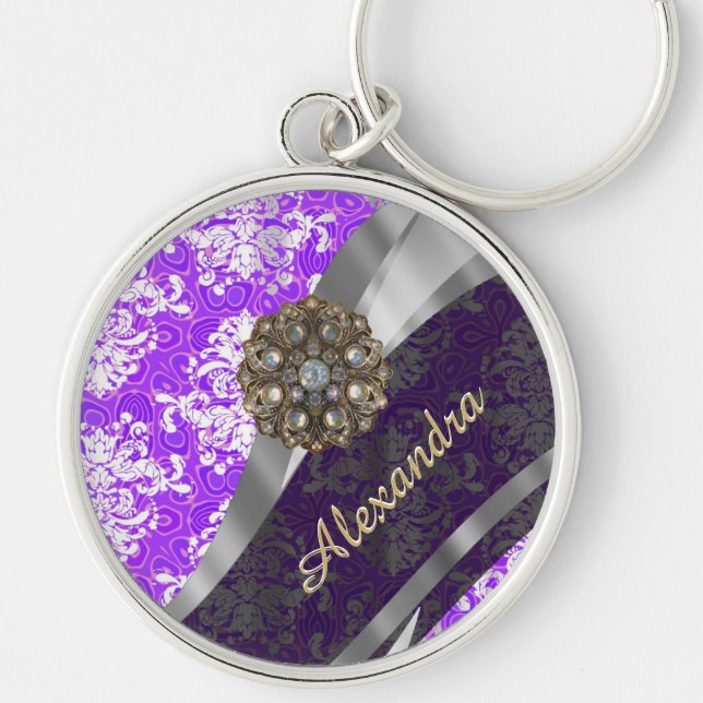 Personalized purple pretty girly damask pattern keychain (Front)