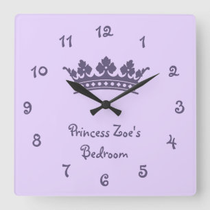 Personalized Purple Princess Girl's Bedroom Square Wall Clock