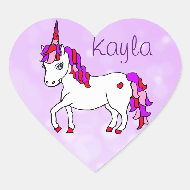 Personalized Purple Rainbow Horned Unicorn Heart Sticker (Front)