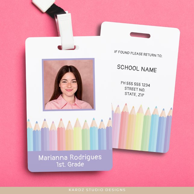 Personalized Purple Rainbow Teacher Photo ID Badge (Front and back of ID shown. Personalize with your photo and information.)