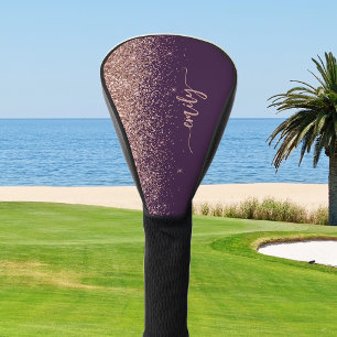 Personalized Purple Rose Gold Glitter Signature Golf Head Cover