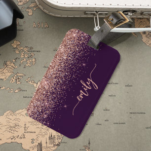 Personalized Purple Rose Gold Glitter Signature Luggage Tag