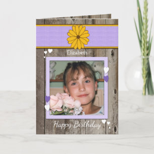 Personalized purple Rustic Birthday Photo greeting Card