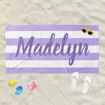 Personalized Purple Striped Script Name Beach Towel<br><div class="desc">Personalized beach towel design features custom text in modern purple script that can be personalized with a first or last name against a pattern of white stripes on a light purple background. Colours and font style can be completely customized.</div>