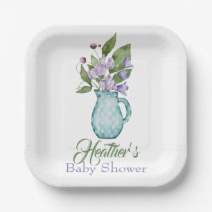 Personalized Purple Sweet Pea Flowers Baby Shower Paper Plate