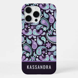 Personalized Purple Teal Paisley Name iPhone 16 Pro Max Case