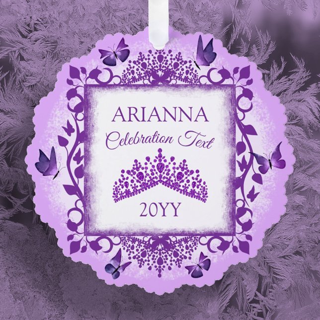 Personalized Purple Tiara & Butterflies Keepsake Ornament Card (purple lilac tiara and butterflies christmas tree ornament, custom message, personalized ornament)