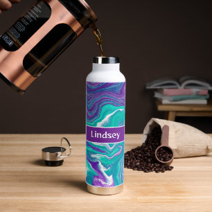 Personalized Purple, Turquoise Teal Fluid Art Water Bottle