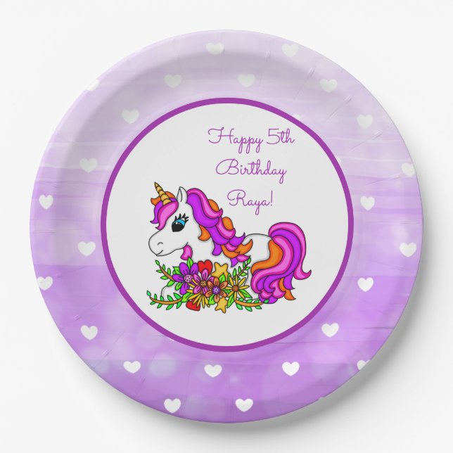 Personalized Purple Unicorn Happy Birthday Paper Plate (Front)