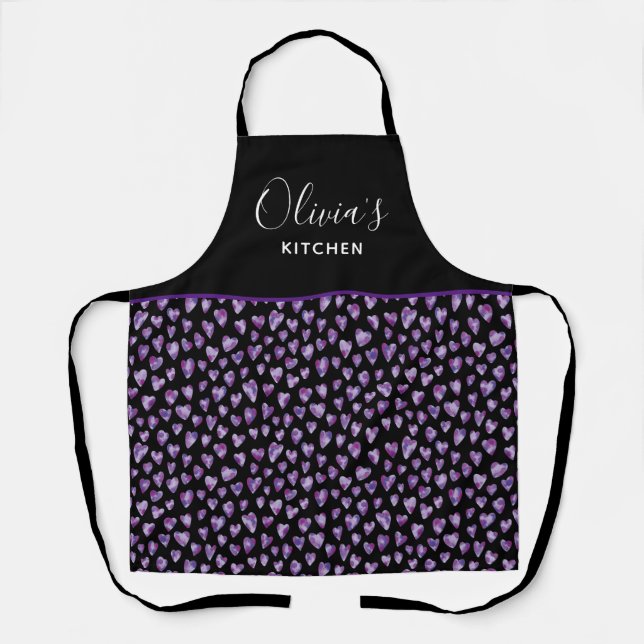 Personalized Purple Watercolor Heart Kitchen Baker Apron (Front)