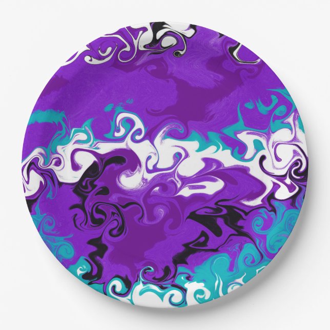 Personalized Purple Waves Fluid Art Birthday Paper Plate (Front)