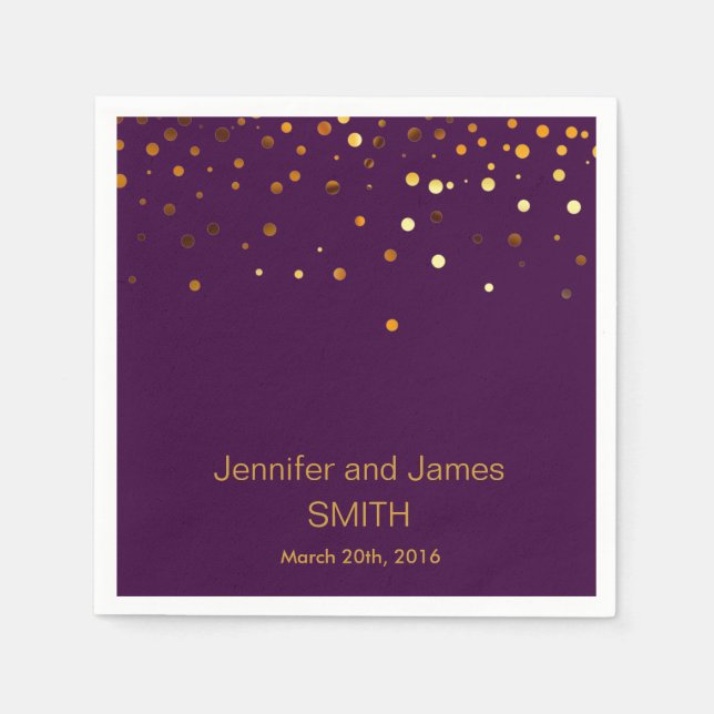 Personalized Purple Wedding Confetti Gold Glitter Napkin (Front)