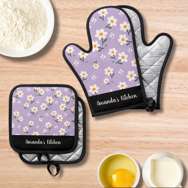 Personalized Purple White Floral Bloom Kitchen Oven Mitt & Pot Holder Set (Creator Uploaded)