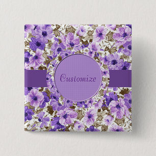 Personalized Purple & White Floral Square Button