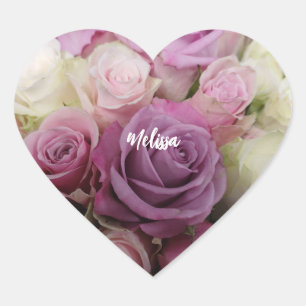 Personalized purple & white roses romantic floral  heart sticker