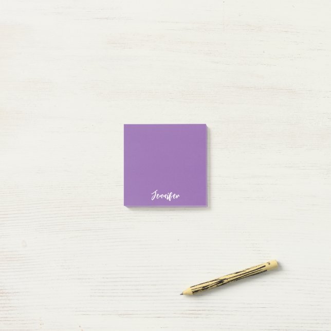 Personalized Purple White Script Name Post-it Notes (On Desk)
