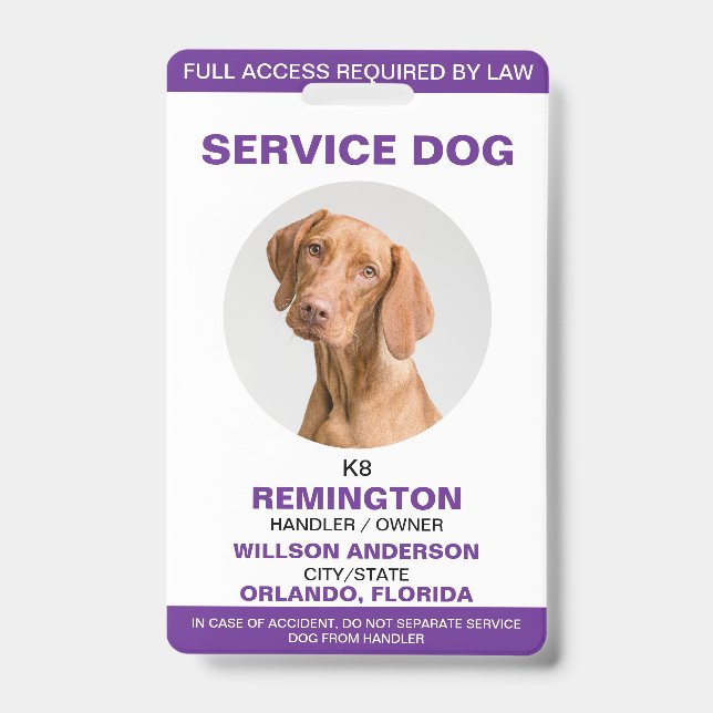 Personalized purple White Service Dog Photo ID Badge (Front)