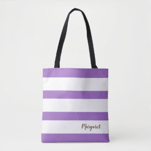 Personalized Purple & White Striped Tote Bag