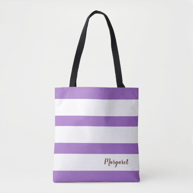 Personalized Purple & White Striped  Tote Bag (Front)