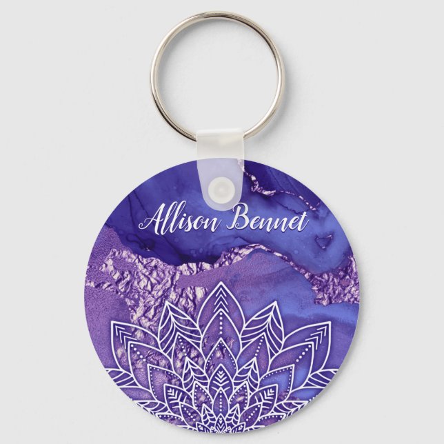 Personalized Purple White Watercolor Mandala Keychain (Front)