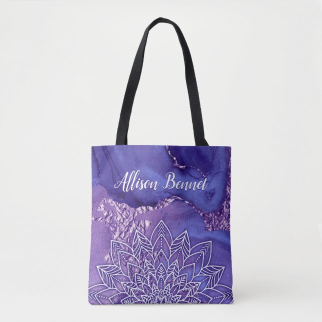 Personalized Purple White Watercolor Mandala Tote Bag (Front)