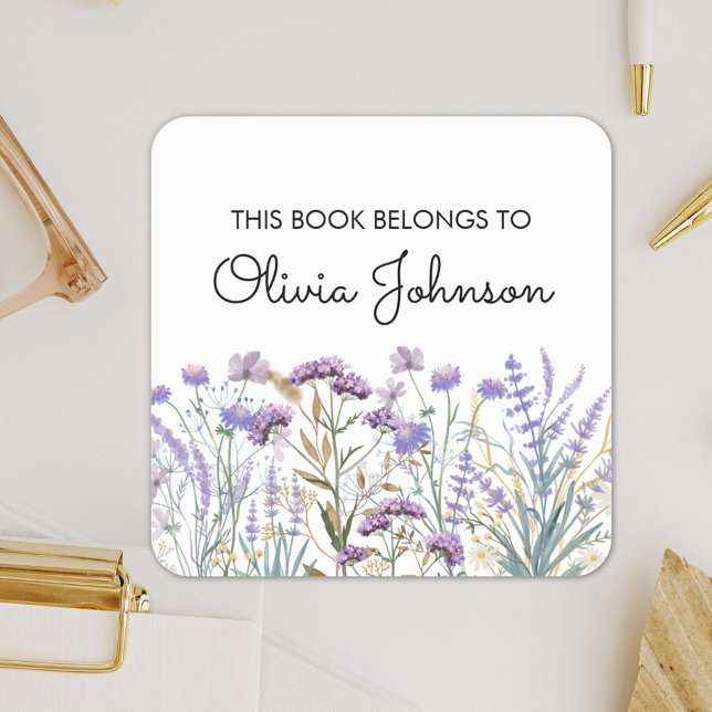 Personalized Purple Wildflower Floral Bookplate Square Sticker (In situ)