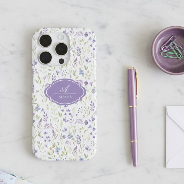 Personalized Purple Wildflower Monogram iPhone Case (pretty lavender purple blue wildflower phone case for iphone with custom monogram name and initial)