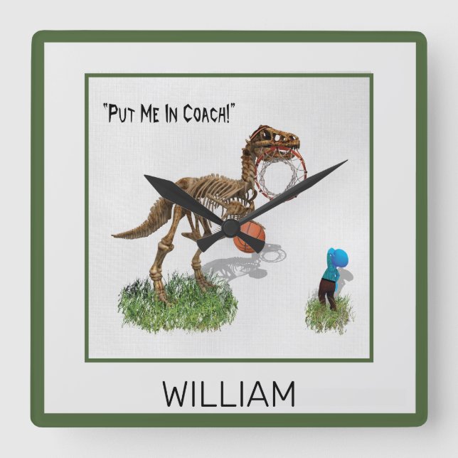 Personalized "Put Me in Coach" Dinosaur Art Square Square Wall Clock (Front)