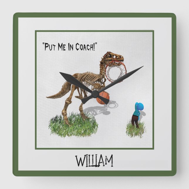 Personalized "Put Me in Coach" Dinosaur Art Square Wall Clock (Front)