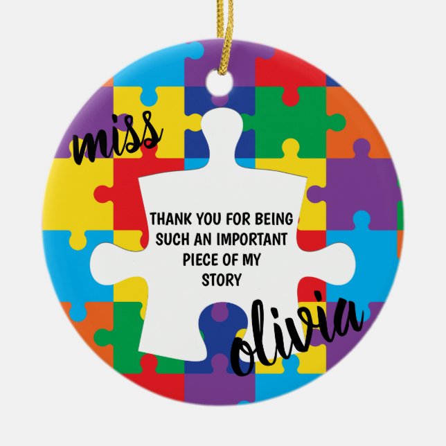 Personalized Puzzle Autism Teacher Ceramic Ornament (Front)