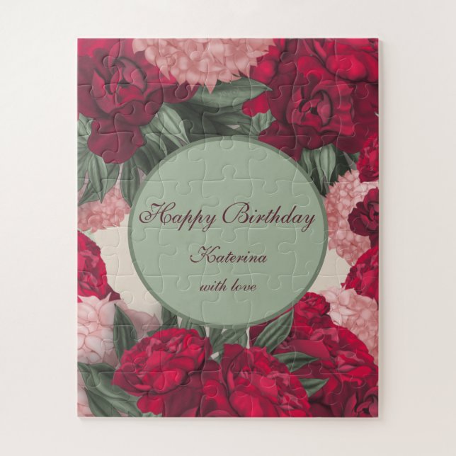 Personalized puzzles birthday. Wonderful peonies. (Vertical)