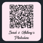 Personalized QR Code Wedding Photo Share Website Square Sticker<br><div class="desc">Your unique QR code and custom text highlight these square stickers designed for wedding photo sharing among guests.</div>