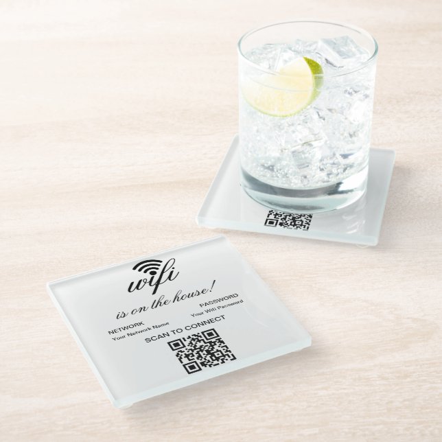 Personalized QR Code Wifi Internet Scan to Connect Glass Coaster (Angled)