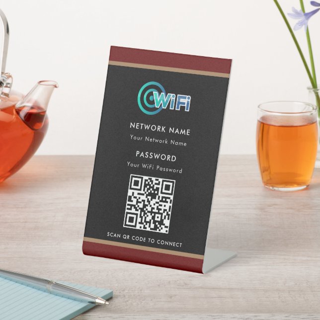 Personalized QR Code Wifi Network Password Black  Pedestal Sign (In SItu)