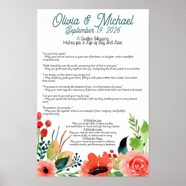 Personalized Quaker Wedding Blessing Poster  (Front)
