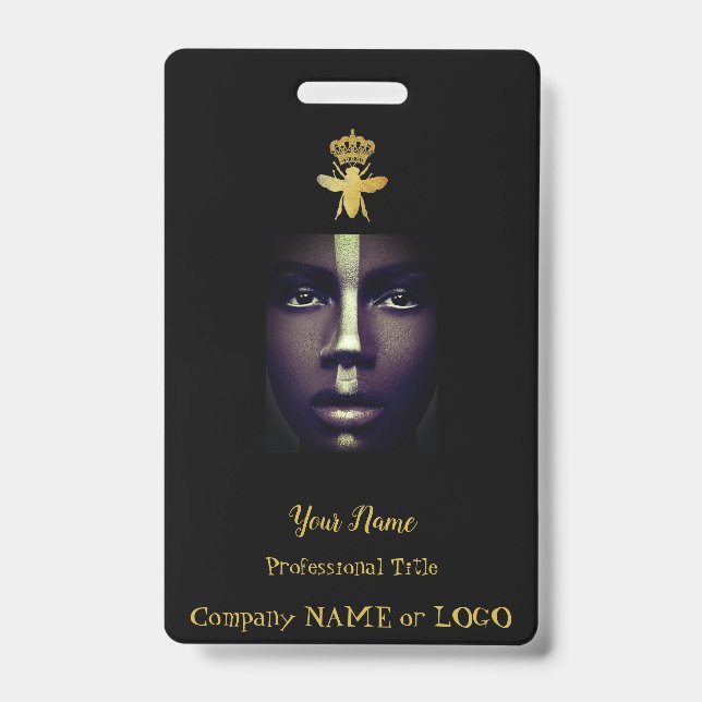 Personalized QUEEN BEE Name Tag Badge GOLD + BLACK (Front)