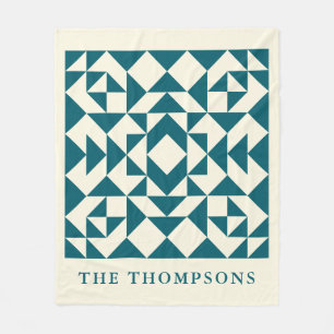 Personalized Quilt Block Teal Rustic Farmhouse  Fleece Blanket