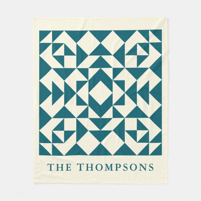 Personalized Quilt Block Teal Rustic Farmhouse  Fleece Blanket (Front)