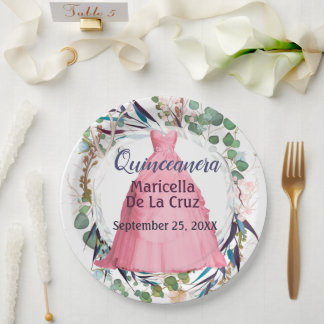 Personalized Quinceañera Elegant Pink Dress Paper Plate