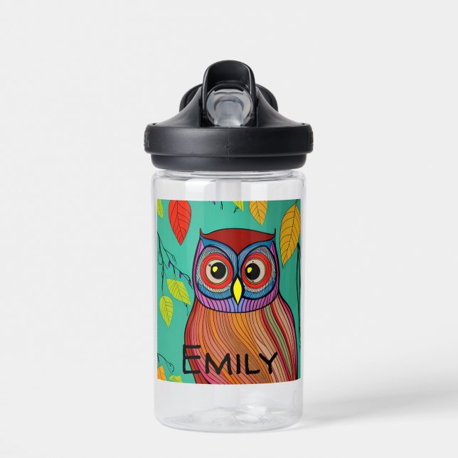 Personalized Quirky Colourful Folk Art Abstract Ow Water Bottle (Front)