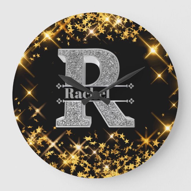 Personalized R Initial Silver Monogram Your Name Large Clock (Front)