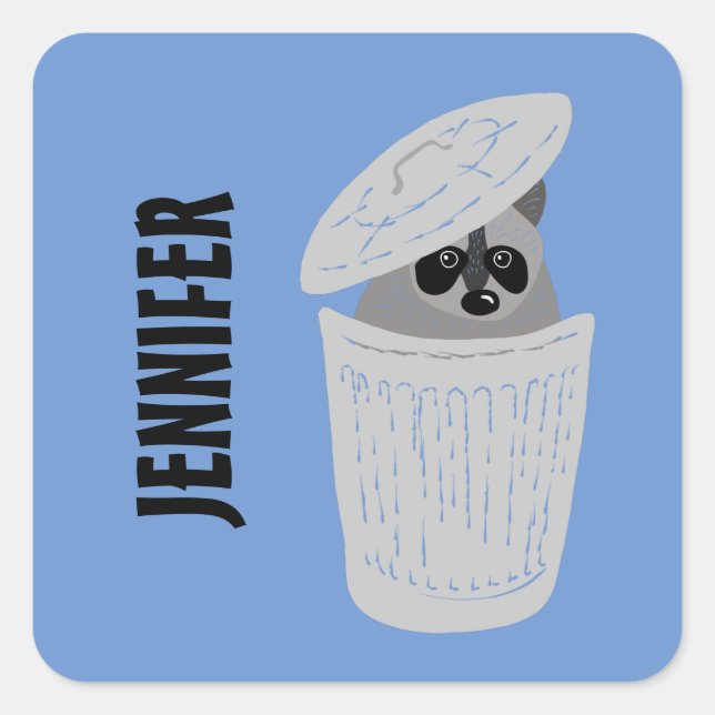 Personalized Raccoon in a Garbage Can Square Sticker (Front)