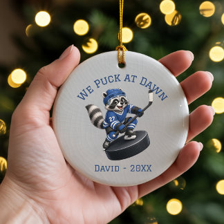 Personalized Raccoon We Puck at Dawn Hockey Orname Ceramic Ornament