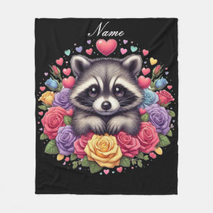 Personalized Raccoon with Flowers and Hearts Fleece Blanket
