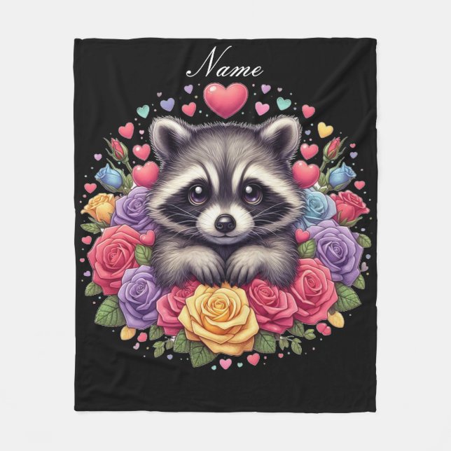 Personalized Raccoon with Flowers and Hearts Fleece Blanket (Front)