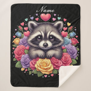 Personalized Raccoon with Flowers and Hearts Sherpa Blanket