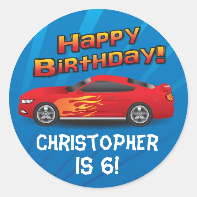 Personalized Race Car Flames Boy's Birthday Party Classic Round Sticker (Front)