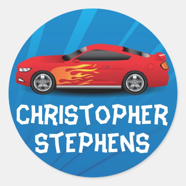 Personalized Race Car Flames Boy's School/Name Classic Round Sticker (Front)